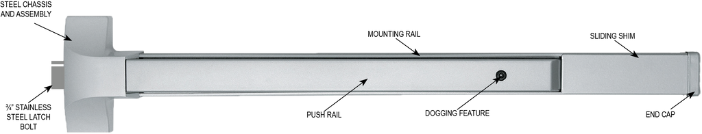 Cal-Royal 5000EO36- 36" Rim Exit Device Push Bar – Grade 1 Panic Hardware, Aluminum |