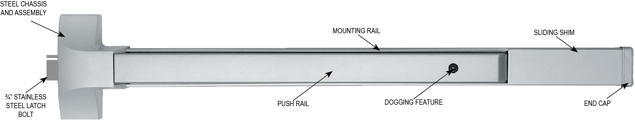 Cal-Royal 5000EO36- 36" Rim Exit Device Push Bar – Grade 1 Panic Hardware, Aluminum |